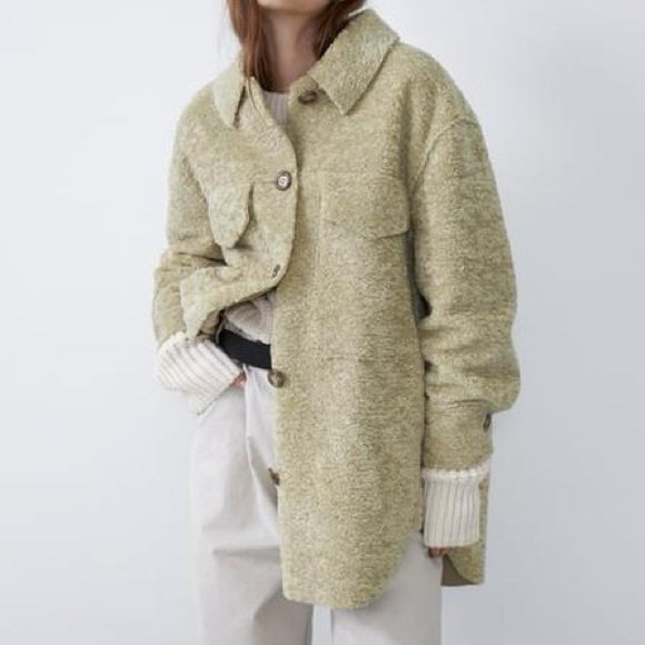 Zara fleece overshirt cream teddy button-up jacket - Picture 2 of 14